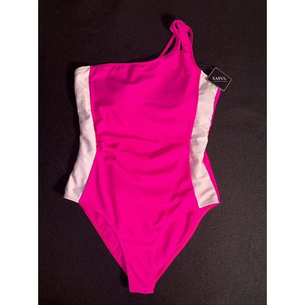 Zaeful Hot Pink One-Piece One-Shoulder  Swim bathing Suit Medium NWT Side Stripe